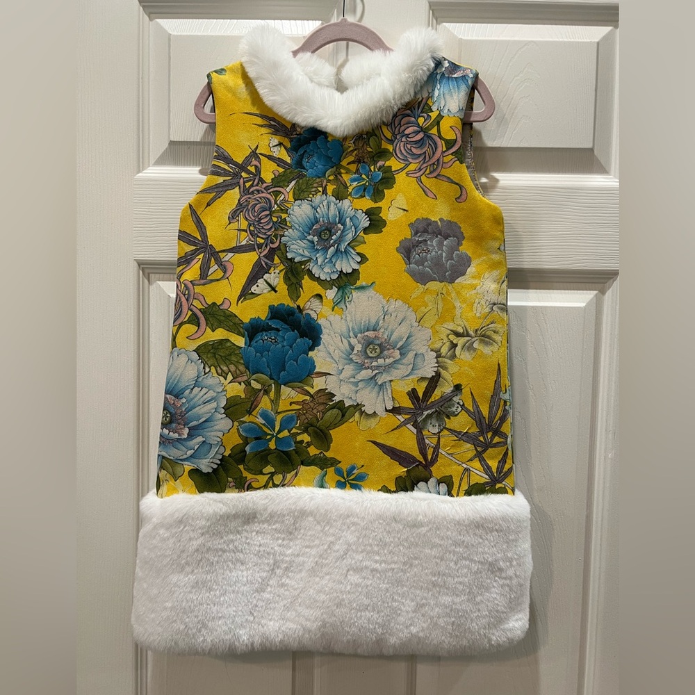Velvet Yellow and Blue Sheath Dress with Fur  Neck Lined